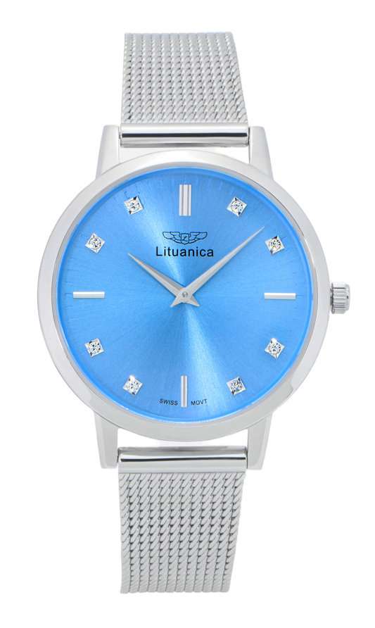 LITUANICA_moteriskas_laikrodis_melynu_ciferblatu